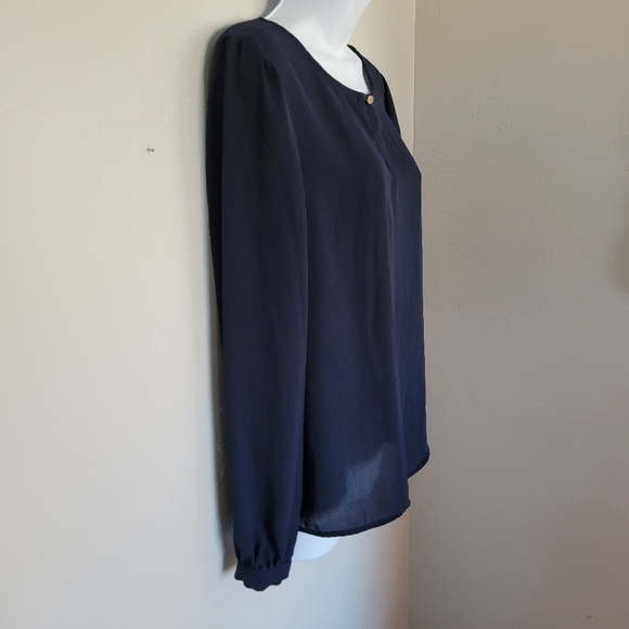 Forever21 Navy Blue Long Sleeve Blouse Chiffon Keyhole Button Front Small Dressy - Picture 3 of 6